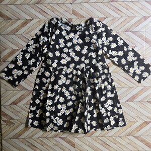 Boho Daisy Floral Print Long Sleeve Babydoll Dress Black & White Cottagecore